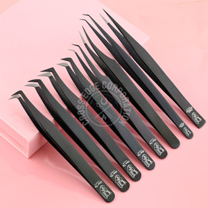 My Lash Tool Pinzas de pestañas negras Extensión Pinzas de arranque de mega Volumen de acero inoxidable negro con puntas de fibra 45 90 grados - Product Image 1