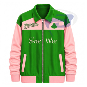 Alfa |   Kapa |   Chaqueta Varsity Alpha Sorority Skee Wee Pretty Girls, Color Verde y Rosa, Cierre de Cremallera Frontal, Logotipo AKA, Chaqueta para Mujer - Product Image 1