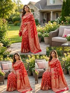 <b>Red</b> <b>Silk</b> Banarasi Saree with Floral Print for Women Traditional Wedding Party Wear Saree with Blouse Buy Direct From Supplier - Product Image 5