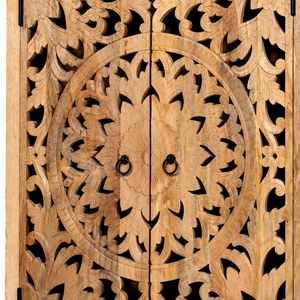 Armoire de rangement de chambre à coucher en bois de manguier massif sculpté à la main, grande capacité, avec portes à motifs floraux mandala et support en métal noir - Product Image 4