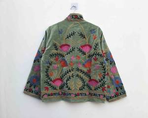 Wholesale Factory Custom Women Heavy Thread Embroidery Olive Green Velvet Jacket Casual Open Front Stand Collar Short <b>Coat</b> OEM - Product Image 4