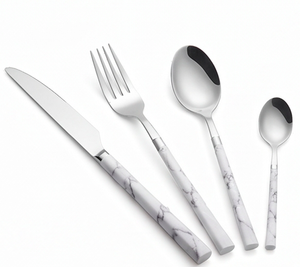 Ensemble de couverts argentés avec manches en marbre blanc, élégants ustensiles en acier inoxydable, parfaits pour les mariages, les dîners, la cuisine et les cadeaux - Product Image 1