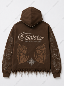 Sweat-shirt à capuche personnalisé marron vieilli avec strass pour homme, style streetwear, logo personnalisé, impression graphique et manches ornées - Product Image 2