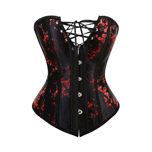 Corsé bustier de satén negro con estampado floral para mujer, con detalles de cordones y cierre de gancho frontal, moldeador de cintura - Product Image 3
