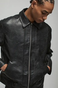 Factory Price Men Genuine Leather Waterproof Breathable Winter Bomber <b>Jacket</b> Black Slim Fit Zip-Up Turn-down Collar Ribbed Cuff - Product Image 2