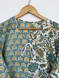 Women Modern Daily Teal Ivory Hand Block Print Cotton Maxi <b>Kaftan</b> Dress Sleeveless Wholesale - Product Image 2
