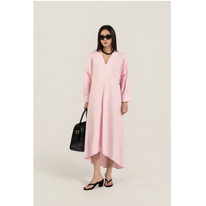 Robe décontractée mi-longue d'été en popeline 100 % coton à rayures complètes, col en V, manches classiques, coupe droite et ample - Product Image 1