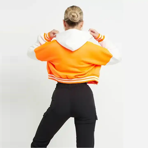 Heavyweight White <b>Women</b> Varsity <b>Jacket</b> Heavy Fleece Drawstring Hood Attached <b>Embroidered</b> Varsity <b>Jackets</b> - Product Image 2