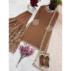 NUEVA LLEGADA GEORGETTE BORDADO SECUENCIA TRABAJO TOP SHARARA CON DUPATTA CHIKU - Product Image 1