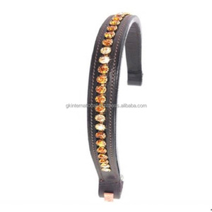 Bandeau de tête pour cheval en cuir épais noir et brun Havana avec cristaux ronds dorés brillants et chaîne Diamante Bling. - Product Image 3
