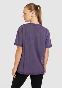 T-shirt en coton à manches courtes et col rond pour femme, coupe ample, couleur unie, décontracté, basique, violet, jersey - Product Image 4