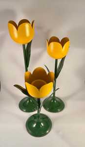 Tulip Flowers Three Tall Metal <b>Candlesticks</b> in Bright Yellow and Green for Christmas Home Decoration - Product Image 3