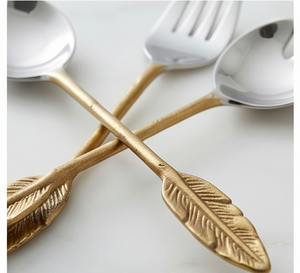 Ensemble de cuillères de service en métal avec design plume d'oiseau, manche doré en acier inoxydable, 2 pièces pour la cuisine - Product Image 2