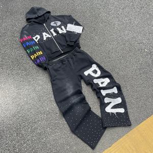 Rhinestone & Distress Applique Patches Streetwear Tracksuit Custom Logo Acid <b>Wash</b> Zip-up Hoodie & Trouser Sweat Suit for Men - Product Image 1