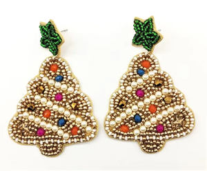 Boucles d'oreilles pendantes en forme de sapin de Noël pour femmes, plaquées or, imitation perle, style bohème, bijoux de fête tendance - Product Image 1