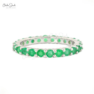 Anillo Apilable Delicado de Oro Blanco Sólido de 14K con Gema de Esmeralda de Corte Redondo de 2.5MM, Anillo de Promesa de Eternidad Completa, Proveedor Mayorista de India - Product Image 2
