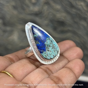 JEWELRY PERFECTIONS <b>Silver</b> Plated Brass Bohemian Pear Shape Channel <b>Set</b> Azurite Gemstone <b>Ring</b> for Women's Engagement Wedding - Product Image 2