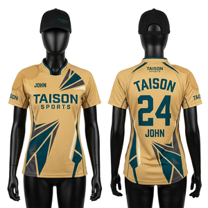 เสื้อเจอร์ซีย์กีฬาผู้หญิง 180 GSM ผ้าโพลีถัก ระบายความชื้น สีทรายทอง แต่งแผงผ้าแบบแอธเลติก ปักลายแบบกำหนดเอง โลโก้แบบซับลิเมชั่น - Product Image 2