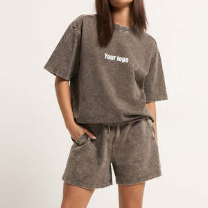 Women's 2 Piece Washed Cotton Shorts <b>Set</b> Crew Neck T-Shirt With Pocket Casual Loose Fit Spring Summer Daily Wear - Product Image 1