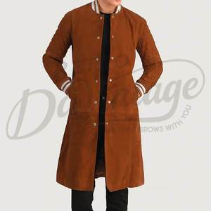 Abrigo Largo de Gamuza Genuina Marrón para Hombre, Estilo Universitario, con Mangas Acolchadas y Puños Acanalados a Rayas, Abrigo Premium Tipo Letterman - Product Image 6