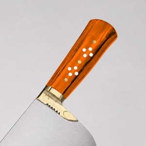 Cuchillo de carnicero profesional PK-DR de alta resistencia, hoja ancha plateada, mango de madera naranja, empuñadura dorada, cuchillo para cortar carne - Product Image 2