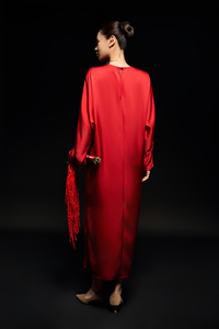 <b>Red</b> <b>Silk</b> Organza Woven Crew Neck Full Sleeve Loose Waist Minimalist Fancy Formal Cocktail Side Slit Summer Daily OEM Midi Dress - Product Image 5