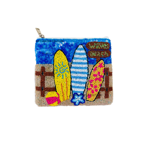Porte-monnaie en forme de planche de surf fait main avec perles, mini pochette zippée, thème plage créatif, accessoire unisexe, perles de rocaille personnalisées, artisanat fait main - Product Image 1
