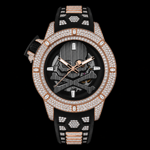 Reloj de pulsera de lujo para hombre con esfera negra de calavera esqueleto, bisel de oro rosa con incrustaciones de piedras, diseño de moda - Product Image 3