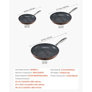 Set di 3 Padelle Antiaderenti in Alluminio per Uova (8, 10, 12 Pollici) con Rivestimento Ceramico, Resistenti al Calore, per Friggere, di Han - Product Image 4
