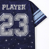 Maillot de football américain de luxe pour femme, avec strass 3D, maille bleu foncé, streetwear, nom de marque personnalisé, esthétique Y2K, uniforme d'équipe, ODM