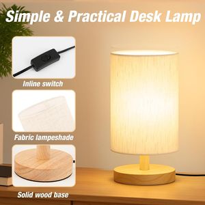 Classic Wood Base <b>Small</b> Bedside <b>Table</b> <b>Lamp</b> Flaxen Fabric <b>Shade</b> Desk <b>Lamp</b> LED Bulb Included Plug-in Design <b>for</b> Souvenirs Gifts - Product Image 2