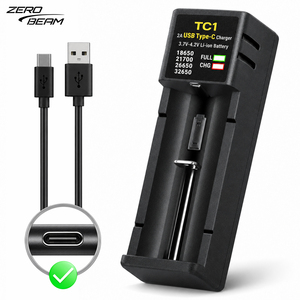 เครื่องชาร์จแบตเตอรี่แบบพกพา 2A ช่องเดียว สำหรับแบตเตอรี่ Li-Ion และ NiMH รุ่น ZEROBEAM TC1 ชาร์จผ่านพอร์ต USB-C สำหรับเซลล์ขนาด 21700 18650 26650 พร้อมไฟ LED แสดงสถานะ - Product Image 1