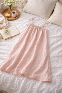 Robe longue décontractée d'été pour femme en lin écologique, col en V, sans manches, à nouer, coupe trapèze, ajustement régulier, fluide, pour la plage - Product Image 4