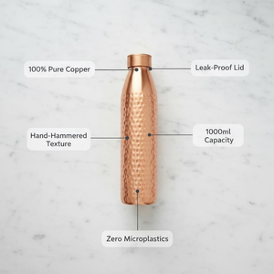 Botella de Agua de Cobre Puro de 1000 ml, Diseño Inspirado en Escandinavia, Martillada a Mano, Diseñada en Noruega, Reutilizable, Bienestar Ayurvédico - Product Image 2