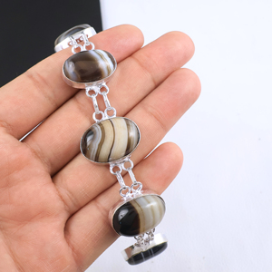 Bracelet à maillons en agate rayée naturelle, best-seller, ovale, en argent sterling 925 plaqué, bijoux faits à la main, tendance pour femmes - Product Image 3