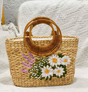 2025 Vintage Collection Handcrafted Natural Water Hyacinth Women's Handbag Stylish Open C Handles Eco-Friendly Cotton Lining - Product Image 5