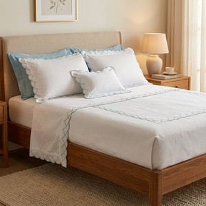 Parure de lit de luxe en coton 100% avec broderie géométrique festonnée, style européen élégant, pour la maison et l'hôtel, drap plat lavable - Product Image 1