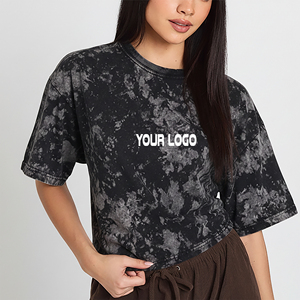 เสื้อยืดคอกลมผ้าแคนวาสโพลีเอสเตอร์/คอตตอนคุณภาพสูงสำหรับผู้หญิง พิมพ์โลโก้ตามสั่ง ล้างสีแบบแอซิดวอช ทรงหลวมใส่สบาย แห้งเร็ว ป้องกันรังสียูวี - Product Image 4