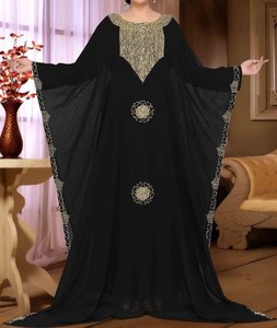 Black Embroidered <b>Gold</b> Neckline Long Sleeve Floor Length Modest Polyester Plus Size <b>Evening</b> Party <b>Dress</b> for Women Middle East - Product Image 1