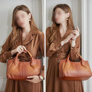Women Genuine Leather Tote Bag Classic <b>Soft</b> Lichee Pattern Open Top Casual <b>Handbag</b> with Round Handles Daily Use - Product Image 2