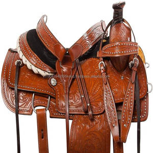 Sillín de caballo tallado antiguo Sillín de cuerda occidental de cuero genuino con juego de tachuelas duraderas para carreras de caballos a precio mayorista - Product Image 6