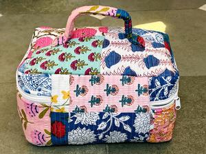 Handcrafted Quilted Cotton Vintage Eco-Friendly <b>Makeup</b> <b>Box</b> Zipper Closure Durable Water Resistant Floral Block Print Travel - Product Image 1