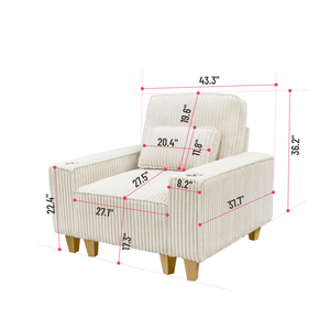 Fauteuil confortable à assise profonde en velours côtelé avec porte-gobelet en acier inoxydable brossé, fauteuil d'appoint pour salon avec coussin décoratif - Product Image 4