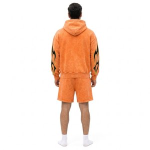 <b>Men's</b> Orange Flame Print <b>Hoodie</b> & <b>Shorts</b> Tracksuit Streetwear <b>Set</b> Custom Logo Sublimation Printed Summer Wear - Product Image 2