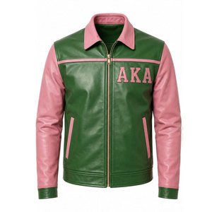 Chaqueta Universitaria de Cuero Rosa y Verde Bordada Alpha Kappa Alpha AKA para Hombre, Cierre de Cremallera, Cuello Camisero - Product Image 2