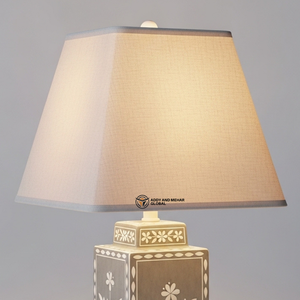 Handmade Bone Inlay <b>Table</b> Lamp with Fabric Shade | Elegant Floral <b>Bedside</b> Lighting Decor - Product Image 2