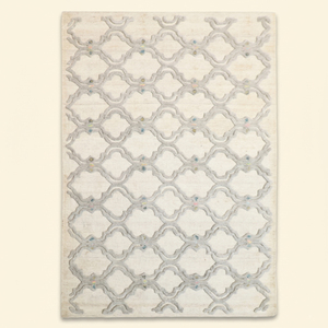 Tapis en laine tufté à la main gris ivoire motif arabesque, tapis de zone marocain à treillis en relief, antidérapant, écologique et épais pour salon - Product Image 1