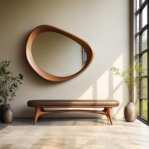 Modern Organic Pebble Shape Solid Wood Wall <b>Mirror</b> Horizontal Amoeba Curved Timber Frame Living Room Entryway Decor Artwork Unit - Product Image 2