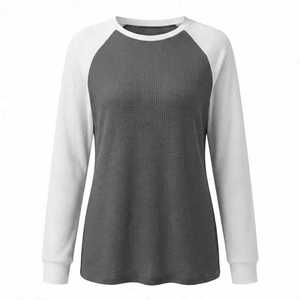 Custom Women <b>Waffle</b> Knit Thermal Long Sleeve Raglan Color <b>Block</b> Crewneck Casual Breathable T Shirt OEM ODM Wholesale - Product Image 1