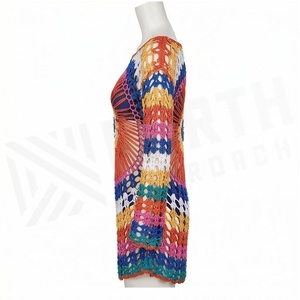 Colorful <b>Crocheted</b> Hollow 2 Set Women Deep V Neck <b>Long</b> Sleeve Geometric Pattern Handmade Acrylic Breathable Beachwear <b>Skirt</b> - Product Image 3